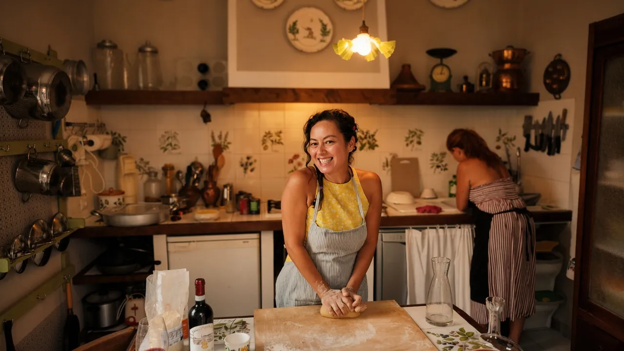 Ginny Flores kneading pasta dough in a home kitchen
